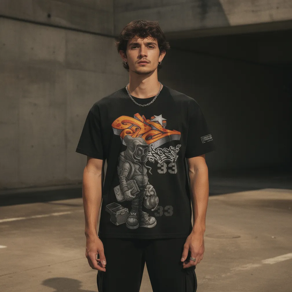 Male model wearing an Agent33 black graphic shirt in an urban concrete setting