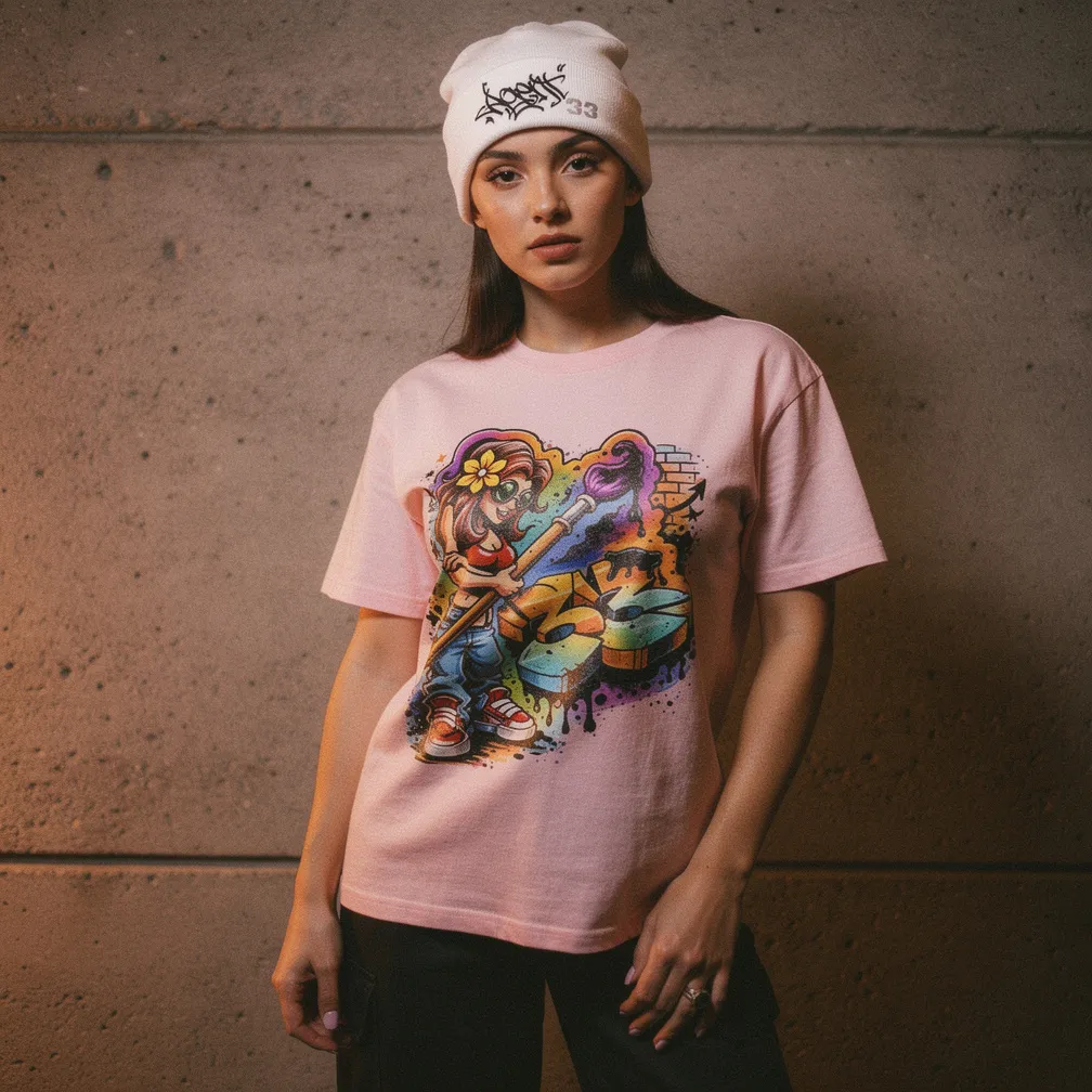 Female model wearing an Agent33 graphic shirt and beanie in a warm concrete setting